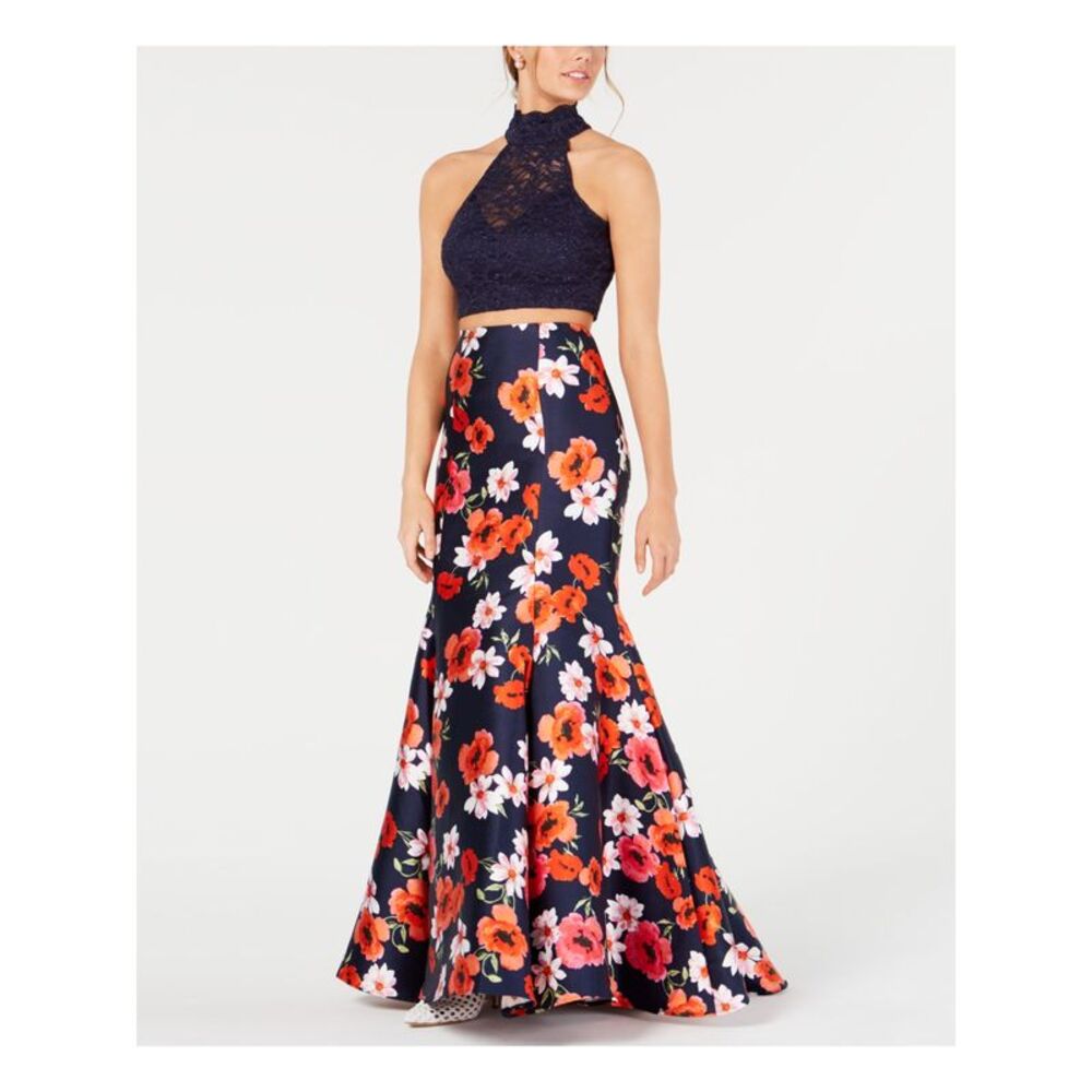 NWT B DARLIN Womens Top Navy Lace Halter Prom Floral Juniors 5\6